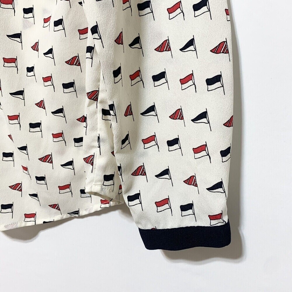 Talbots White and Black Flag Patterned Blouse with Red Trim - Picture 7 of 11